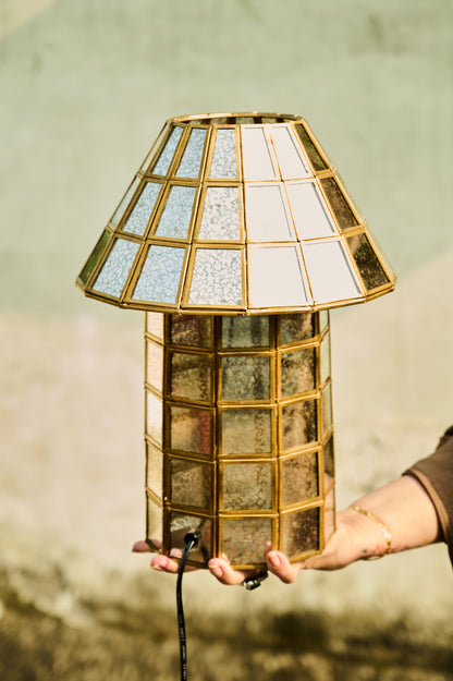 Hand holding a decorative lamp with a glass shade against a neutral background