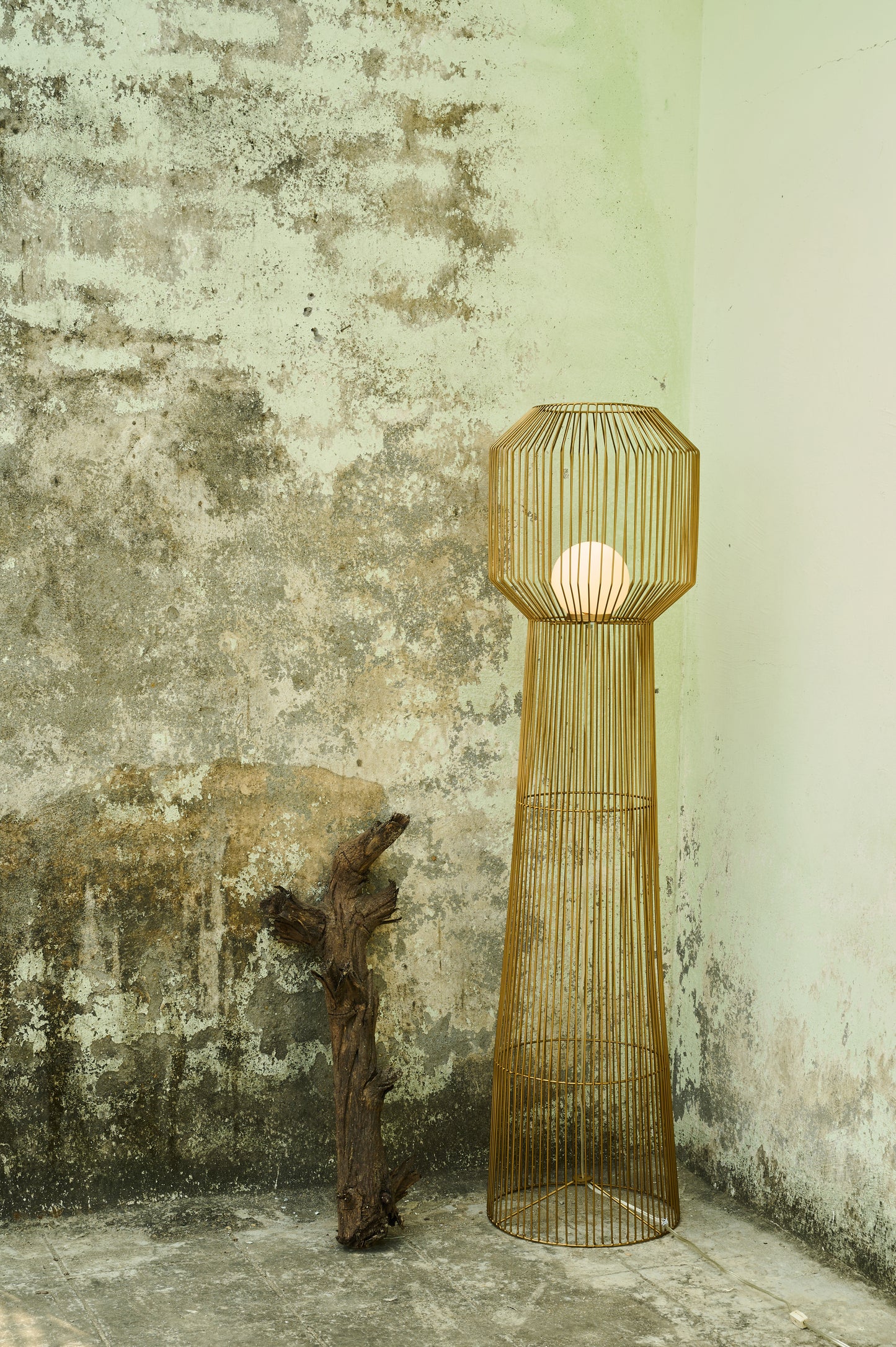 Gold wire cage lamp against a textured wall