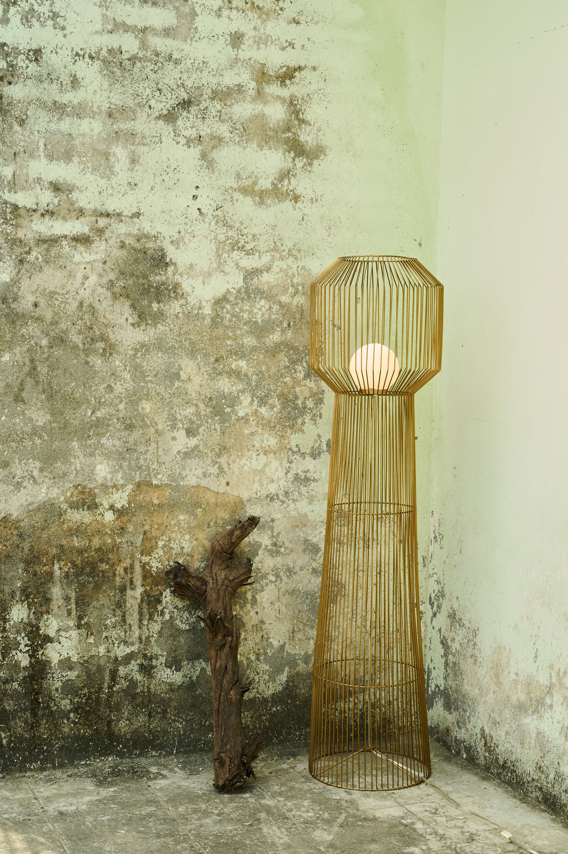 Gold wire cage lamp against a textured wall