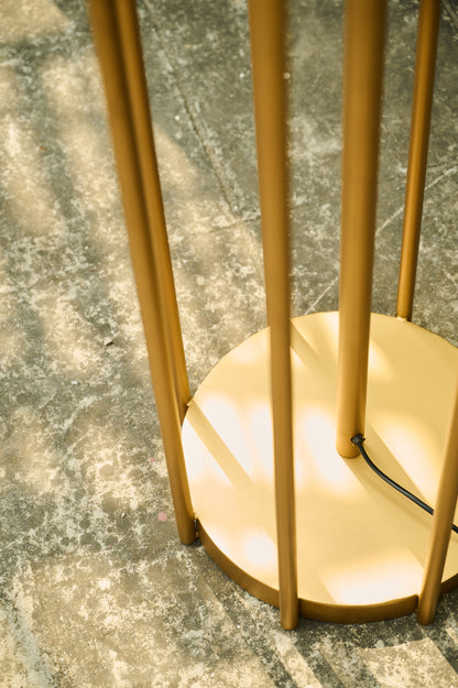 Gold floor lamp on a textured gray surface